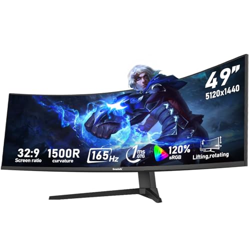 Gawfolk 49 inch Ultra-Wide Curved 1500R Gaming Computer Monitor, DQHD(5120×1440), 165Hz, 1MS, FreeSync, 120% sRGB, Height Adjustable PC Screen, HDMI2.1，DP1.4, Compatible Wall Mount 75 * 75mm - Black