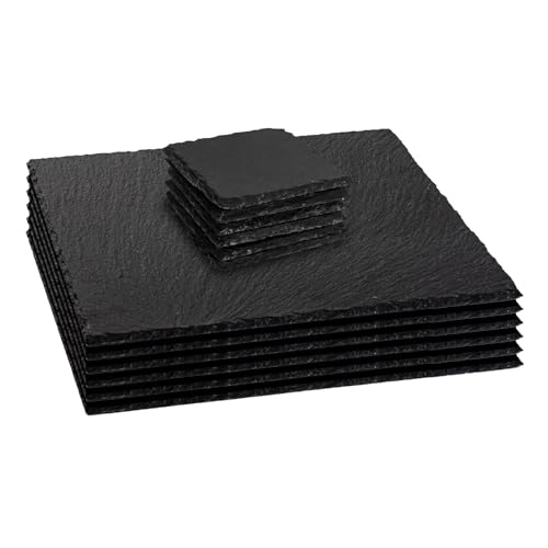 Argon Tableware 12 Piece Square Slate Placemats & Coasters Set - Black Natural Stone Dinnerware Plate Placemats Drink Mats for Kitchen, Home, Bar, Restaurant, Weddings, Events