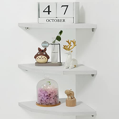 Joiishom Corner Wall Shelf Set Of 3, Floating Corner Shelves For Wall, Rustic Wood Wall Storage Display Shelves For Living Room Bedroom Bathroom Kitchen (Fanshaped-White) #TOP1