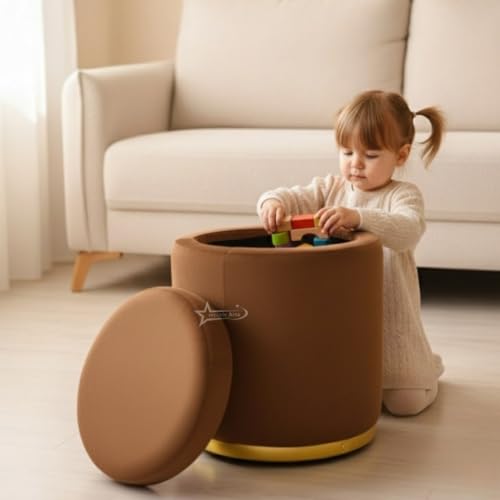 Image of Velvet Round Single Strip Ottoman Office Stool Foot Rest Stool Velvet Fabric Padded Seat Pouf Ottoman 13 X 13X 16 inch, in Round Shape for Living Room Brown
