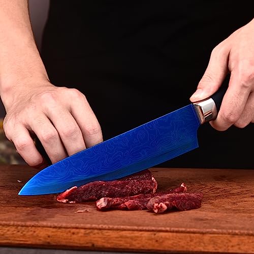 Knife Set, Kitchen Non Stick Knives Set with Block Thick Blade Cutlery Knife Block Sets with Sharpener 6pcs Steak Knife Shears Chef Sharp Quality Aluminum Alloy Block Blue Handle and Blade by WopZra - Image 9
