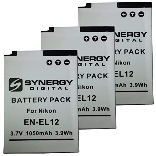 Synergy Digital Digital Camera Batteries, Compatible with Nikon EN-EL12, ENEL12, 25780 Digital Camera Batteries (Li-Ion, 3.7V, 1050 mAh), Set of 3