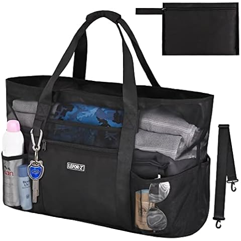 Extra Large Beach Bag XXL Mesh Beach Tote with 9 Pockets/Adjustable Shoulder Straps/Individual Zipper Pouch, Heavy Duty, Black, XL Cover