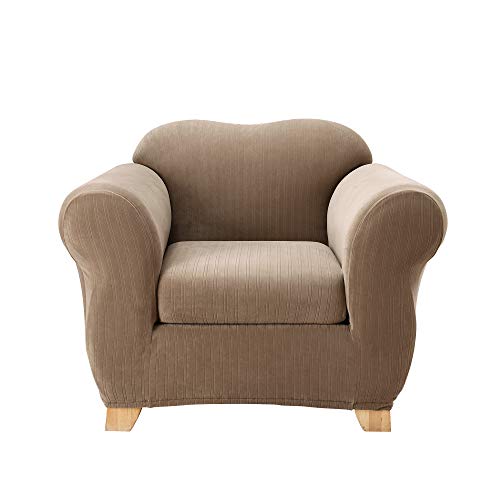 Sure Fit Stretch Pinstripe Box Cushion Chair Two Piece Slipcover, Form Fit, Polyester/Spandex, Machine Washable, Taupe Color #TOP18