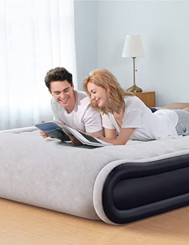 Evajoy Queen Inflatable Air Mattress With Built In Pump, 17'' Double High Airbed Headboard, 3 Mins Quick Inflation/Deflation, Comfort Blow Up Flocked Top For Home, Camping, Blue & Grey (Ej-Hf004) #TOP6