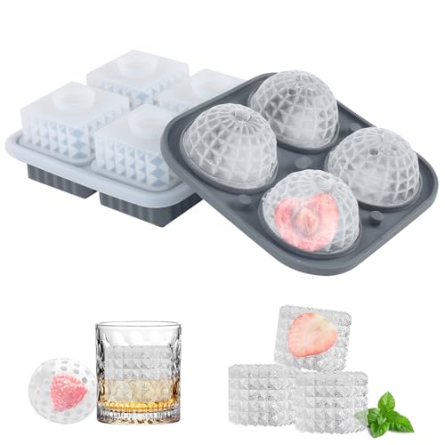 Vookkp 2 Pezzi Cubetti Ghiaccio Stampo Ghiaccio Silicone Stampi Forme Ghiacci con Coperchio, Grande Stampo Quadrato e Sferiche per Cubetti di Ghiaccio, per Whisky, Cocktail e Bevande Fredde(Grigio)