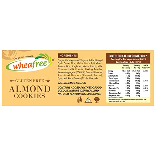 Image of Wheafree Gluten Free Almond Cookies (Pack of 3 x 200g each) | Tasty, Crunchy & Flavoured Cookies | Best Tea Time Snacks | Nutritious | Gluten Free