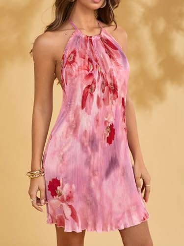 Image of SHENHE Women's Halter Dress Low Backless Tropical Tie Dye Floral Summer Beach Vacation Dresses Sundress