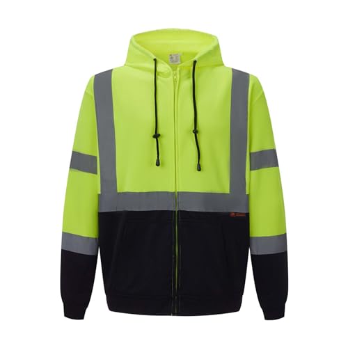 3C Products SAJ6700, ANSI/ISEA Class 3, Men’s Safety Fleece Hoodie Jacket, Reflective, Pockets, Neon Green w/Black Bottom