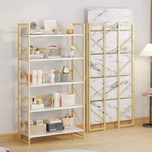 Image of JSB 5 Tier No Assembly Folding Bookshelf, 30.7 inch Wide Foldable Storage Bookcase for Home Office, Space-Saving Storage Shelf for Living Room (White&Gold)