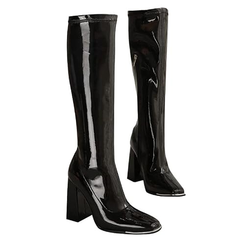 Dumalum Women's Platform Round Toe Chunky Heels Over The Knee Boots Leather Block Long High Heels Booties Side Zipper(Black, 9.5)