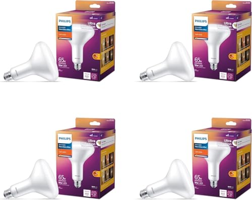 PHILIPS LED 65W BR40 4-Pack Ultra Definition Soft White (2700K) 800 Lumen (10W = 65W) Dimmable Frosted Flicker-Free Light Bulbs