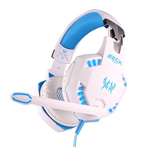 KOTION EACH G2100 LED 3.5mm Stereo Gaming LED Con el Auricular de Diadema con Micrófono para PC Juego de Ordenador con Cancelación de Ruido y Volumen Blanco + azul