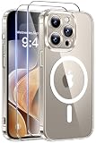 Qasyfanc Magnética Funda para iPhone 15 Pro MAX Compatible con MagSafe con 2 Protector Pantalla, Protección De Cámara Protectora Anti-Amarillo TPU Bumper Carcasa iPhone 15 Pro MAX, Transparent