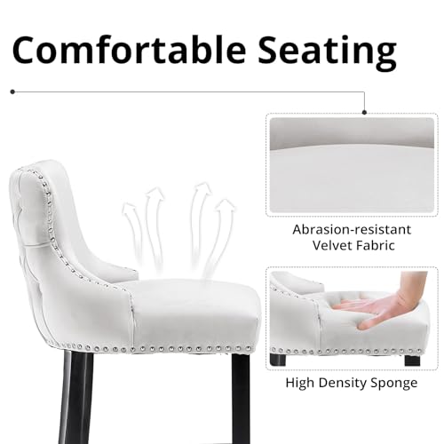 i-POOK Counter Height Bar Stools Set of 2, Velvet Upholstered Barstools with Solid Wood Legs, Button Tufted and Nailheads Trim, Wing-Back Bar Chairs for Kitchen Island Dining Room Pub, White - Thumbnail 3
