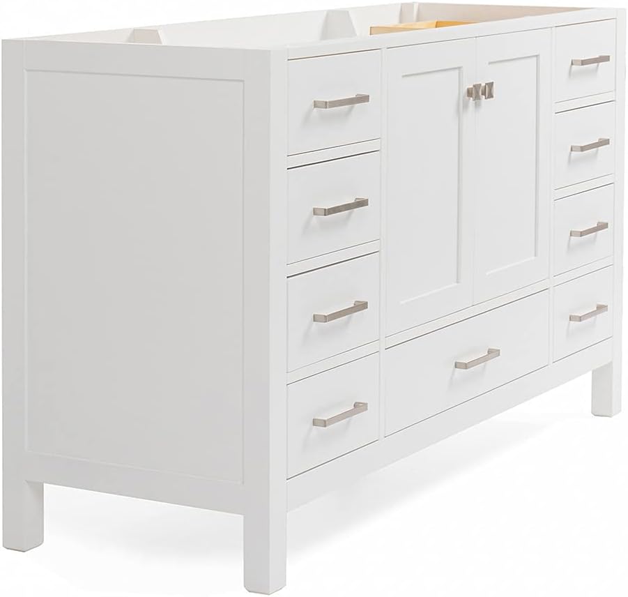 ARIEL Cambridge A055S-BC-WHT 54" Inch Single Solid Wood White Bathroom Vanity Base Cabinet with 2 Soft-Closing Doors and 9 Self-Closing Drawers