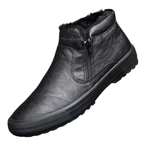 Generisch Botas de invierno con cremallera para hombre, de piel, impermeables, con forro polar, botas de nieve antideslizantes, botas de invierno, botas de caña corta retro, Negro , 42 EU