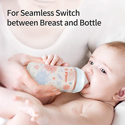 Pigeon Silicone Coating (Glass Inside/Silicone Outside) Baby Bottle(8.1 Oz) With 3 Latch-On Line Silicone Nipples, Newborn Feeding Set (0~9M) #TOP1