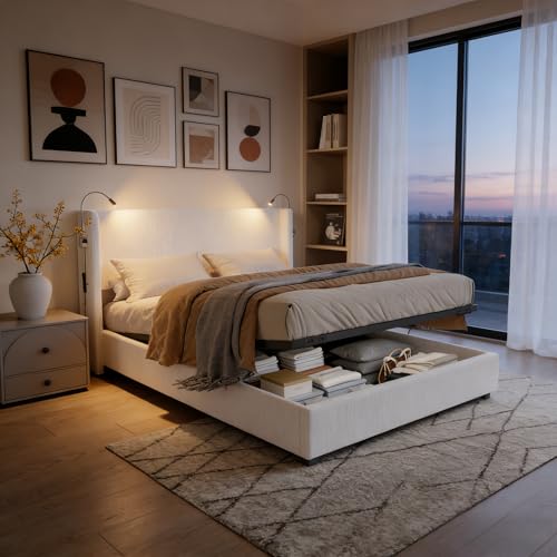 BRYXR Lit rembourré 140 x 200 cm avec espace de rangement - Cadre de lit double avec sommier à lattes pour adultes - Lit hydraulique avec lampe de lecture - Style...