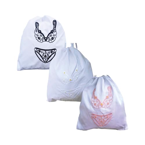 Image of Lingerie Bag for Travel Set of 3, Women Lingerie Bags with Draw Strings, Double-Layered Egyptian Cotton Beach Bags for Swimwear, Underwear & Vacation Storage, 15x15 Inches (White)