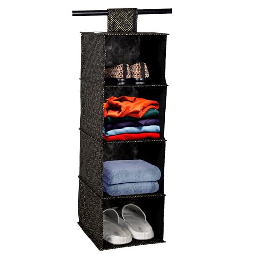 Image of Kuber Industries Non Woven Foldable 4 Shelf Hanging Closet Organizer /Organiser | Wardrobe /Cupboard /Almirah Hanging Cloth Organizer | Perfect for Clothes /Garment | Golden-Dot-Black