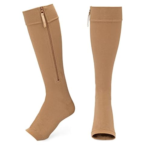 Zipper Compression Socks. 20-30mmHg. Knee Length. Large, Beige Cover