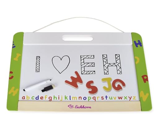 Eichhorn 100002577 - Hänge-Magnettafel 42x30cm, 1 magnetische weiße Folienstiftfläche / 1 magnetische Tafelblattfläche für Kreide inkl. 26 Magnetbuchstaben, 5 Kreiden und 1 Folienstift