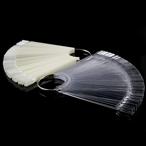 Moibase 100 Pcs Natural And Clear Fan-Shaped False Nail Swatch Sticks Nail Polish Practice Display Art Tips Nail Sample Sticks With Metal Split Ring Sw-A006 #TOP6
