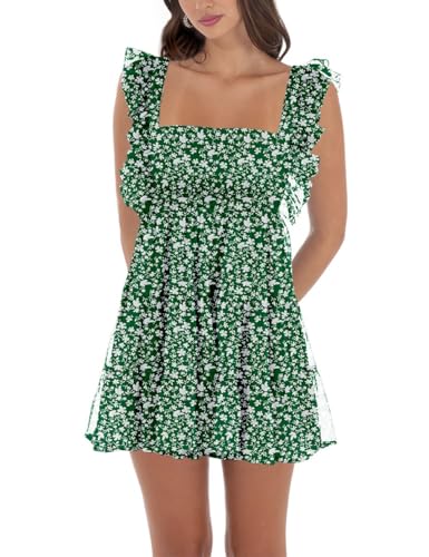Image of Women's Summer Square Neck Tie Back Ruffle Sleeve Tiered Casual A-Line Short Mini Dress
