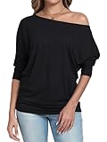 Poetsky Damen-Shirt, 3/4-Ärmel, sexy, schulterfrei, gerüscht, lockere Passform, Schwarz, Small