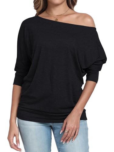 Poetsky Womens 3/4 Sleeve Shirts Sexy Off Shoulder Ruched Tops Loose Fitting Blouses