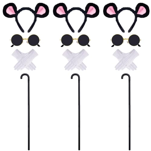 baotongle 12 Pieces Halloween Mouse Costume Accessory Set, Mouse Headbands, Round Sunglasses, Pleated Blind Cane White Gloves for Carnival, Fancy Dress Party (Black)
