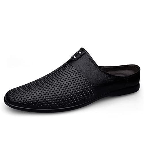 GOSPT Men's Genuine Leather Punching Slippers Backless Loafers Slip on Flats Shoes