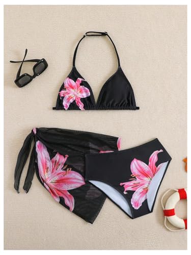 Image of SHENHE Girl's 3 Piece Swimsuits Cute Halter Triangle Bikini Bathing Suit with Beach Cover Up