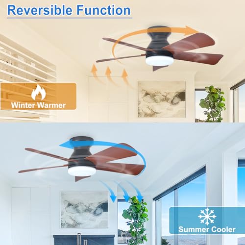 Image of Depuley 35-Inch Ceiling Fan with Light: Walnut 5 Blade Low Profile Small Fans for Kitchen Bedroom - Flush Mount Ceiling Fan for Indoor /Outdoor with Remote Control Reversible Timer - 2 Packs