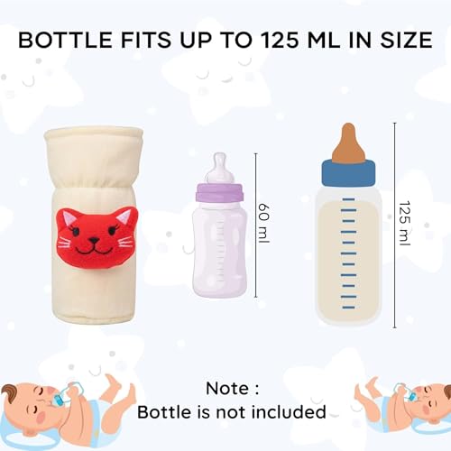 Image of Soft Plush Stretchable Baby Feeding Bottle Cover Easy to Hold Strap with Cute Animated Cartoon| Suitable for 60-125 Ml Feeding Bottle (Cream-Yellow)