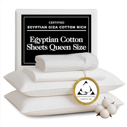 THE LINEN COMPANY NEW YORK Certified Egyptian Cotton Sheets Queen Size Set Optimally Blended with Long Staple Cotton - Silky-Soft Luxury Sateen Sheets - Wrinkle-Resistant, Skin Friendly & Breathable