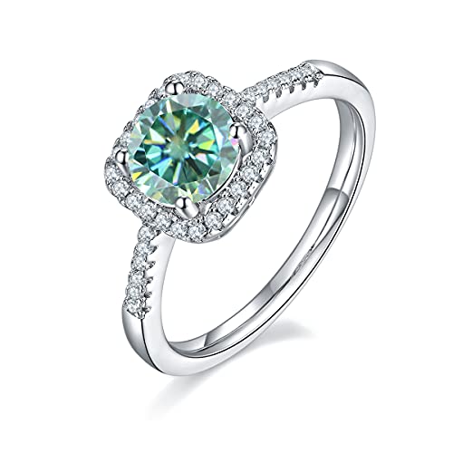 Gem's Beauty Green Moissanite Rings Wedding Promise Ring for Women 18K White Gold Plated 925 Sterling Silver 6.5mm Moissanite Halo Engagement Rings Christmas Gifts for Her(Size 6)
