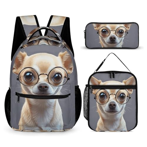 Chihuahua Dog Glasses Backpack Set 3 Piece, Durable Backpack Insulated Lunch Bag Portable Pencil Case for Men Women