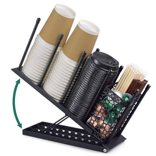 Cup and Lid Holder, Adjustable Coffee Cup Holder Organizer, 4 Compartment Disposable Cup Dispenser with Mesh Baske for Coffee Bar Accessories, Disposable Paper Cups, Plastic Cups, Lids