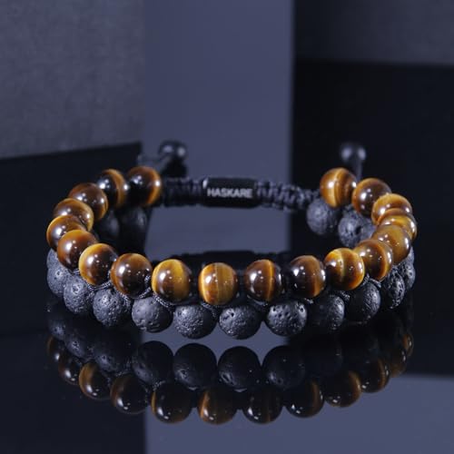 HASKARE Tigers Eye Crystal Bracelets for Men, Energy Beads Bracelet Real Tigers Eye Lava Rock Gemstone, Handmade Protection Crystal Bracelet Mens Bracelets Father Christmas Gift for Men Anxiety Relax3