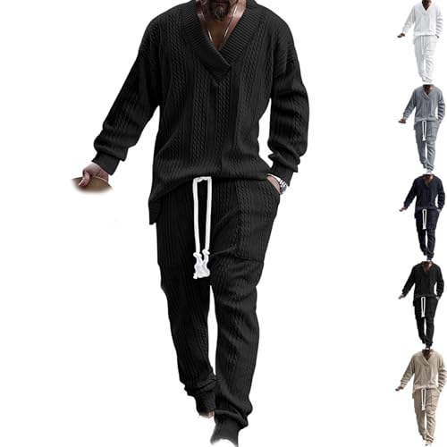 Athleisure Cable Jacquard Set Men, Men's Tracksuits V-Neck Long Sleeve Tops and Drawstring Jogging Suits 2 Piece Set