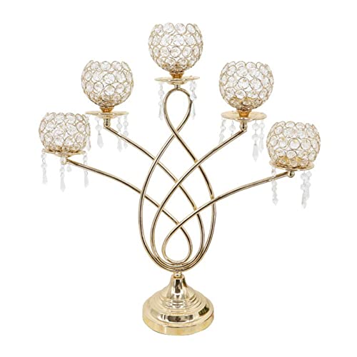 5 Arms Gold Crystal Candelabra Candle Holders with Pillar Table Centerpiece Wedding Dinner Decor, Votive Candle Holders Creative for Birthdays Wedding Party Valentine Dinner Tables Receptions