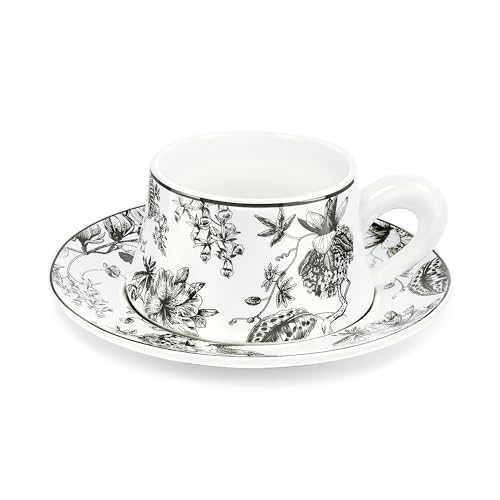 fanquare Juegos de Tazas de Café y Platillo, Tazas de Té Flor Negra Retro 260 ml, Tazas de Café Cappuccino de Porcelana para Café con Leche, Moca o Té, Regalos para Baristas
