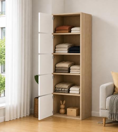 EXVITO Modular Plastic Wardrobe for Bedroom | Foldable Cupboard with Hanging Rod | Stackable Storage Almirah for Clothes with Wheels | Multi-Layer Plastic Storage Cabinet (Apple, 5 Door)