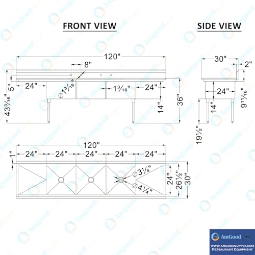 Image of 120 in. x 30 in. Stainless Steel Three Compartment Sink with 24 in. x 24 in. x 14 in. Bowls and Dual 24 in. Drainboards