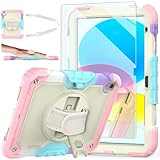 Ambison Case for iPad A16 11th/10th Generation 11'/10.9'' 2025/2022,Heavy Duty Shockproof Case with Tempered Glass Screen Protector, 360° Rotating Handle Strap&Stand,Shoulder Strap-Pink
