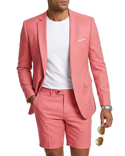 MY'S Men's 2 Piece Slim Fit Suit, One Button Blazer and Short Pants Set with Tie Pink