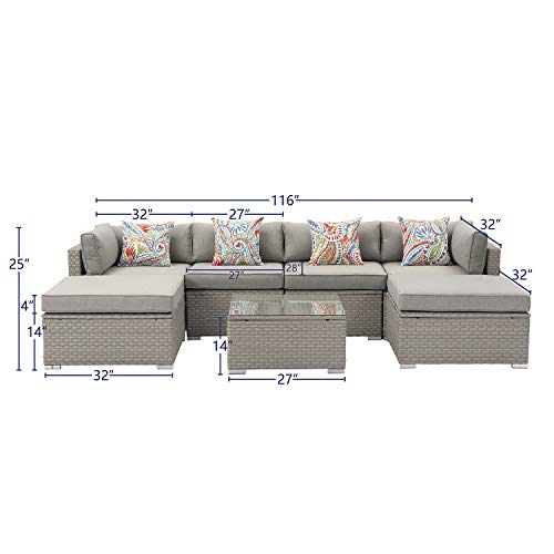 Sunbury 7 Pieces Outdoor Sectional Furniture, All Weather Patio Furniture Sets, Low Back Patio Conversation Sets Outdoor Grey Wicker Furniture Rattan Sectional Sofa For Proch Patio Backyard #TOP3