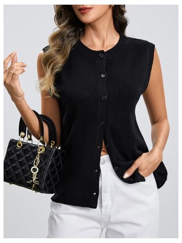 Image of Milumia Women's Round Neck Button Up Sweater Vet Sleeveless Basic Knit Tops Black Medium